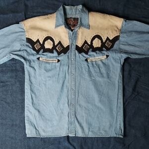Vintage 1970s RIVER GOLD Western Shirt with Cream Leather Yoke - L